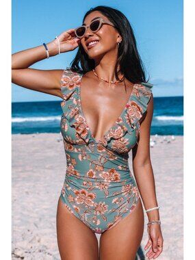 Cupshe Floral Flutter Lace-Up Back One-Piece Ruffle Swimsuit Large NWT Classic